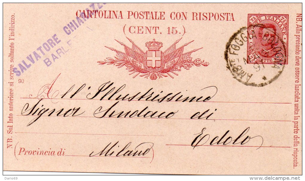 1891  CARTOLINA CON ANNULLO AMBULANTE FOGGIA - BOLOGNA - Interi Postali