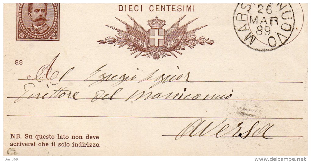 1889  CARTOLINA CON ANNULLO MERSICO NUOVO POTENZA - Stamped Stationery