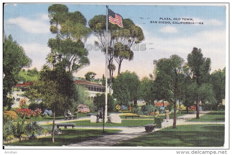 USA, SAN DIEGO CA - PLAZA, OLD TOWN - 1940s Vintage Linen California Postcard [3961] - San Diego