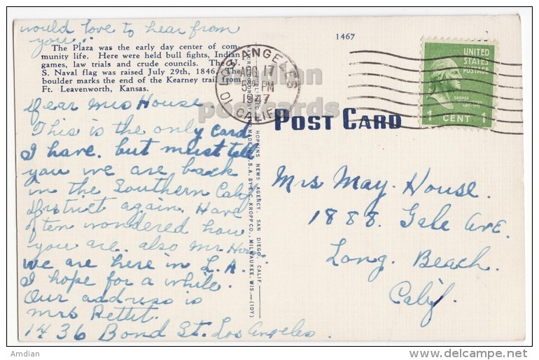 USA, SAN DIEGO CA - PLAZA, OLD TOWN - 1940s Vintage Linen California Postcard [3961] - San Diego