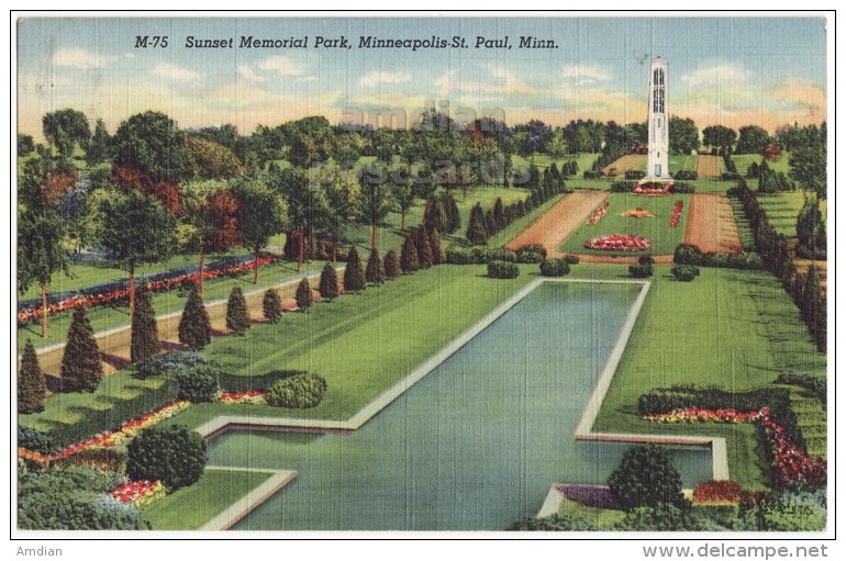 USA, MINNEAPOLIS - ST PAUL MN, SUNSET AT MEMORIAL PARK - 1940s MINNESOTA Linen Postcard [3975] - Minneapolis