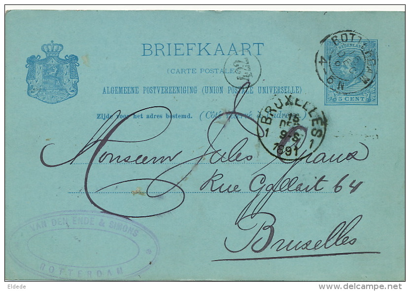 Rotterdam Postal Stationnery Used 1891 To Brussels Entier Postal - Ganzsachen