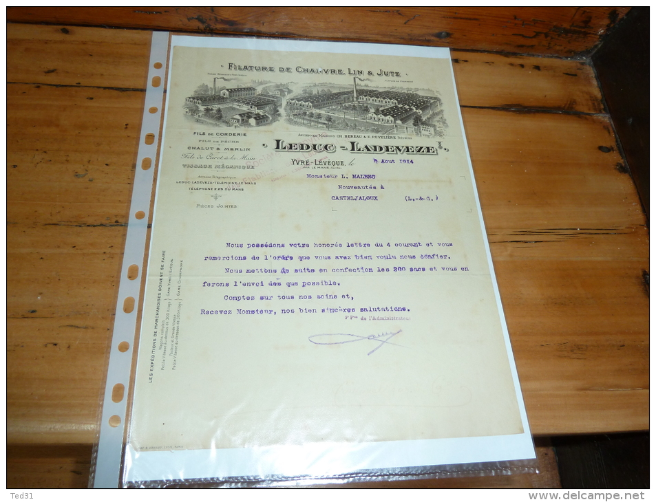 Document Filature De Chanvre Lin Jute LEDUC-LADEVEZE  Yvre-Leveque Le Mans Fis De Peche CHALUT Merlin - 1900 – 1949