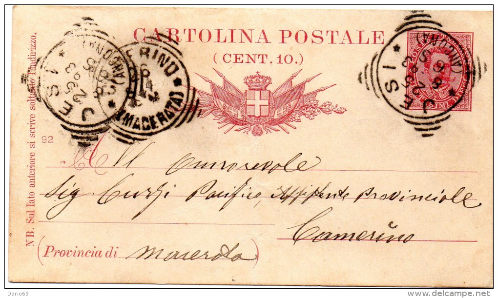 1893 CARTOLINA CON ANNULLO JESI + CAMERINO MACERATA - Stamped Stationery