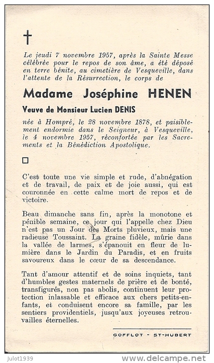 VESQUEVILLE ..-- HOMPRE , 1878 . VESQUEVILLE , 1957 . Mme Joséphine HENEN , Vve De Lucien DENIS . - Saint-Hubert