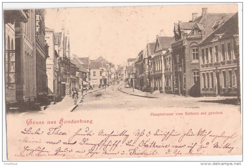 Gruss Aus Sonderburg Hauptstrasse Vom Rathaus Schilderhäuschen Wache Pickelhaube 2.9.1899 Gelaufen - Nordschleswig