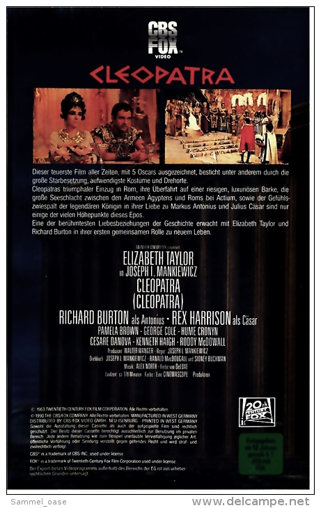 VHS Video , Cleopatra  -  Mit :  Elizabeth Taylor, Richard Burton, Rex Harrison, Pamela Brown, George Cole  -  Von 1990 - Classiques