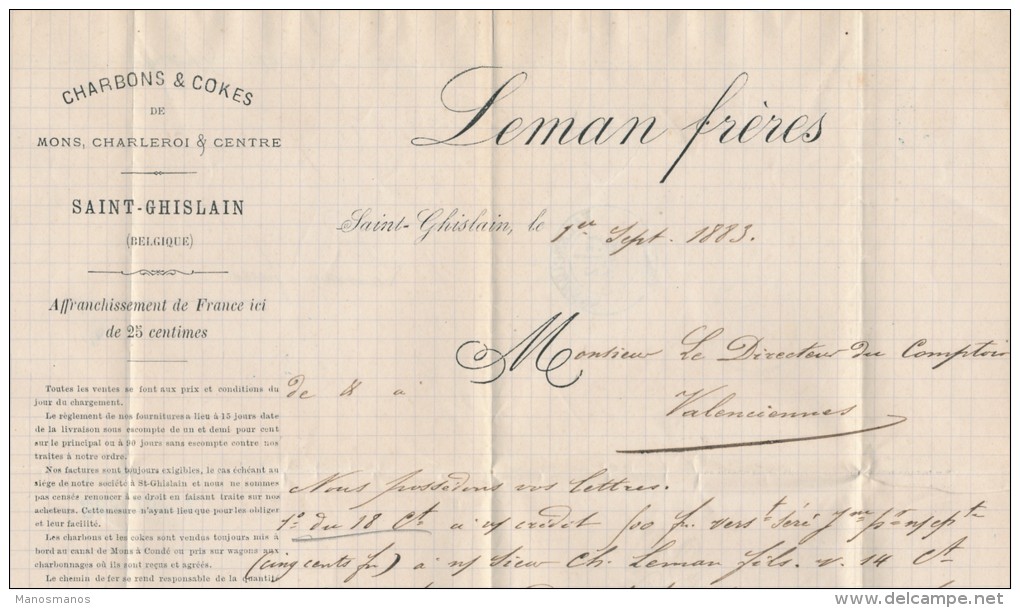 928/20 -- TARIF FRONTALIER 15 C - Lettre TP 28 Et 30 ST GHISLAIN 1883 Vers VALENCIENNES France - 1869-1883 Leopoldo II