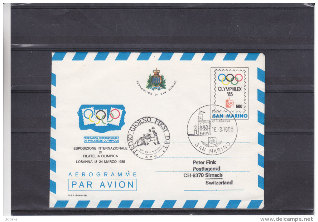 Jeux Olympiques - Exposition Philatélique - Saint Marin - Aérogramme  De 1985 - Expédié Vers La Suisse - Sirnach - Storia Postale