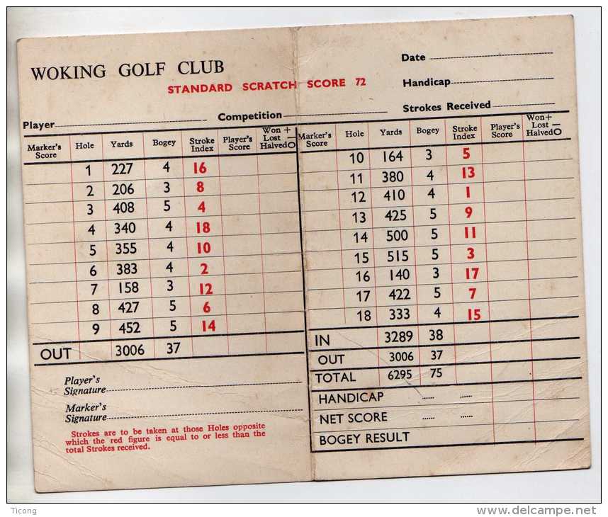 GOLF - WOKING GOLF CLUB SURREY ANGLETERRE - CARTON DE POINTS, REGLES LOCALES - A VOIR - Sonstige & Ohne Zuordnung