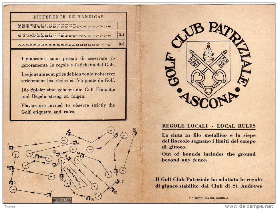 GOLF - GOLF CLUB PATRIZIALE ASCONA SUISSE -  PLAN DU PARCOURS - CARTON DE POINTS, REGLES LOCALES - A VOIR - Other & Unclassified