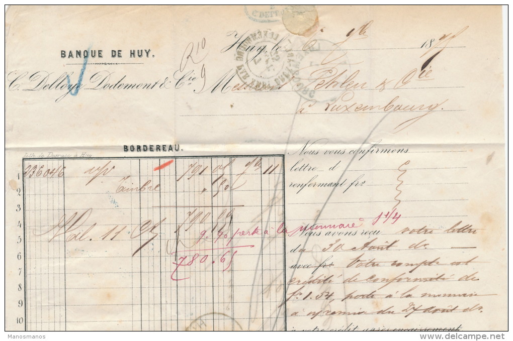 930/20 -- TARIF PREFERENTIEL 20 C - Lettre TP 30 X 2 (1déf.) HUY 1875 Vers LUXEMBOURG - TB Passage Luxembourg Par Ambt - Bureaux De Passage