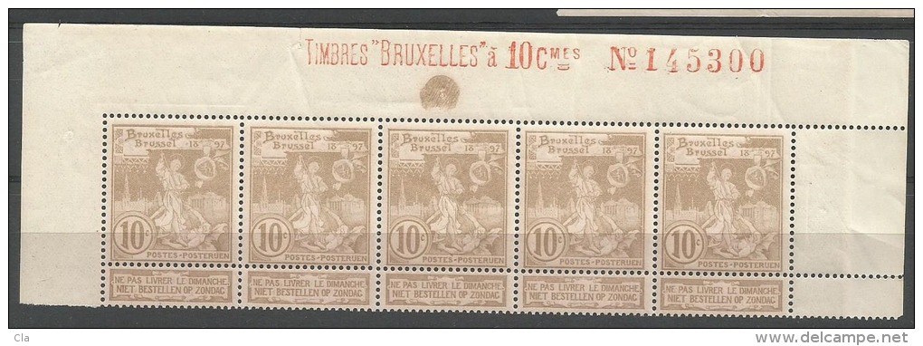 72  **  Bande 5  Bdf  Timbres Bruxelles à 10 Cmes  N°145300   + 110 - 1894-1896 Exhibitions