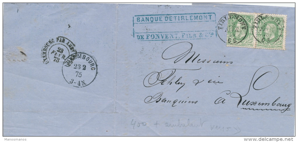 933/20 -- TARIF PREFERENTIEL 20 C - Lettre TP 30 X 2 TIRLEMONT 1875 Vers LUXEMBOURG - Passage Par AMBULANT - Bureaux De Passage