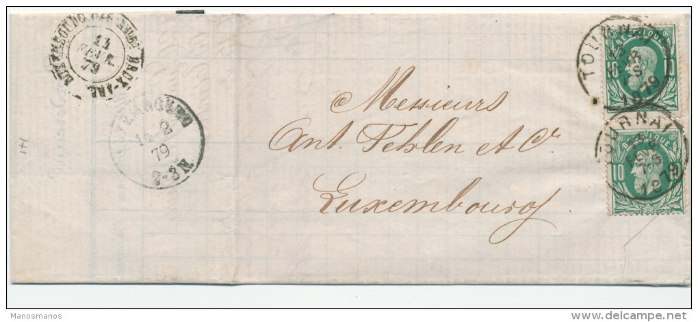 934/20 -- TARIF PREFERENTIEL 20 C - Lettre TP 30 X 2 TOURNAI 1879 Vers LUXEMBOURG - Passage Par AMBULANT - Doorgangstempels