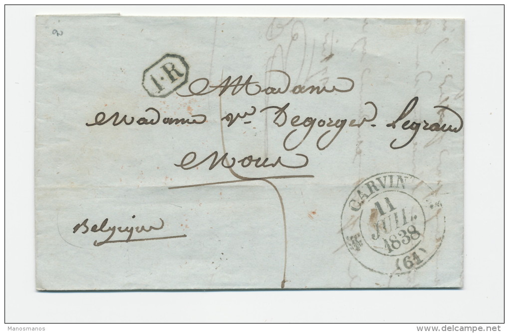 935/20 --  Lettre Précurseur France CARVIN Nord 1838 Vers MONS - Marque De Passage FRANCE PAR TOURNAI Rouge - Grenzübergangsstellen