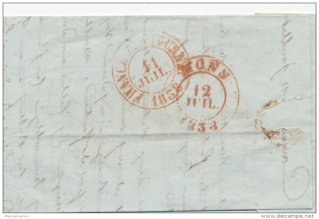 935/20 --  Lettre Précurseur France CARVIN Nord 1838 Vers MONS - Marque De Passage FRANCE PAR TOURNAI Rouge - Bureaux De Passage