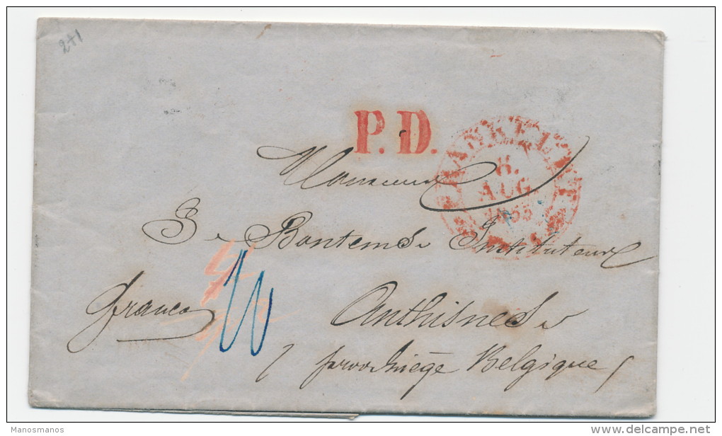 936/20 --  Lettre Non Affr. Allemagne FRANKFURT 1855 Vers ANTHISNES Via NANDRIN - ERREUR Marque De Passage HOLLANDE EST - Bureaux De Passage