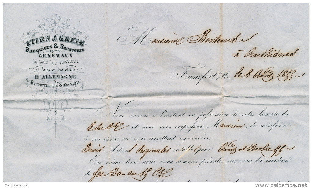 936/20 --  Lettre Non Affr. Allemagne FRANKFURT 1855 Vers ANTHISNES Via NANDRIN - ERREUR Marque De Passage HOLLANDE EST - Grenzübergangsstellen