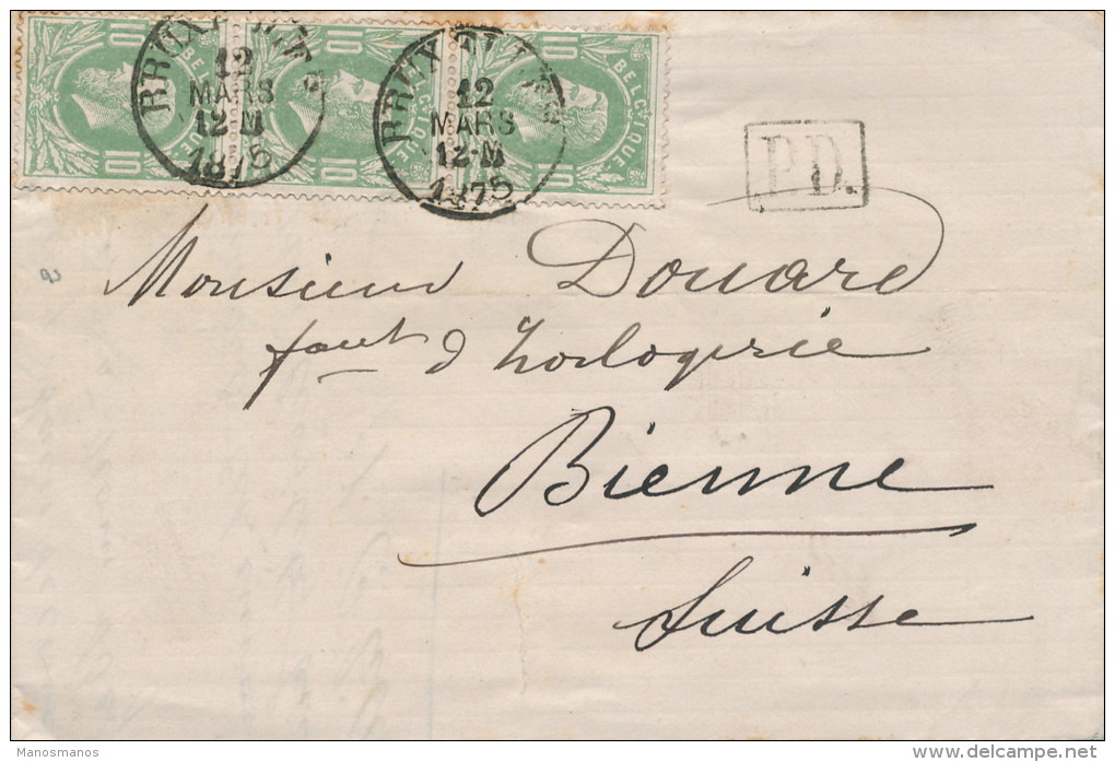 938/20 --  Lettre Bande De 3 TP 30 BRUXELLES 1875 Vers BIENNE Suisse - Marque De Passage SUISSE PAR EST I - Grenzübergangsstellen