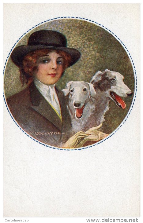 [DC8556] ILLUSTRATORE MONESTIER C. DONNA CON CANI LEVRIERI - CARTOLINA FORMATO PICCOLO - Monestier, C.