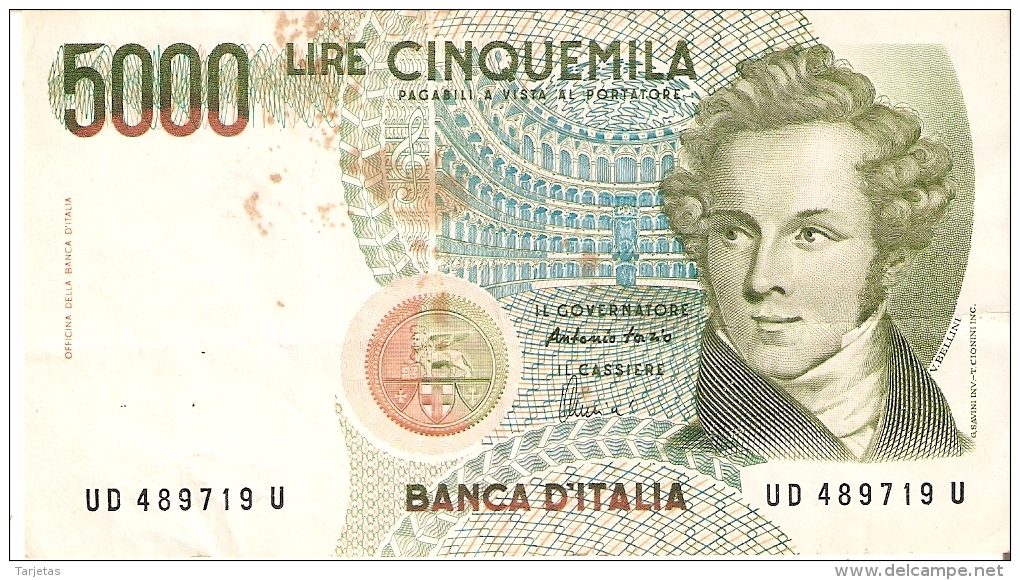 BILLETE DE ITALIA DE 5000 LIRAS DEL AÑO 1985 DE VELLINI  (BANKNOTE) DIFERENTES FIRMAS - 5000 Liras