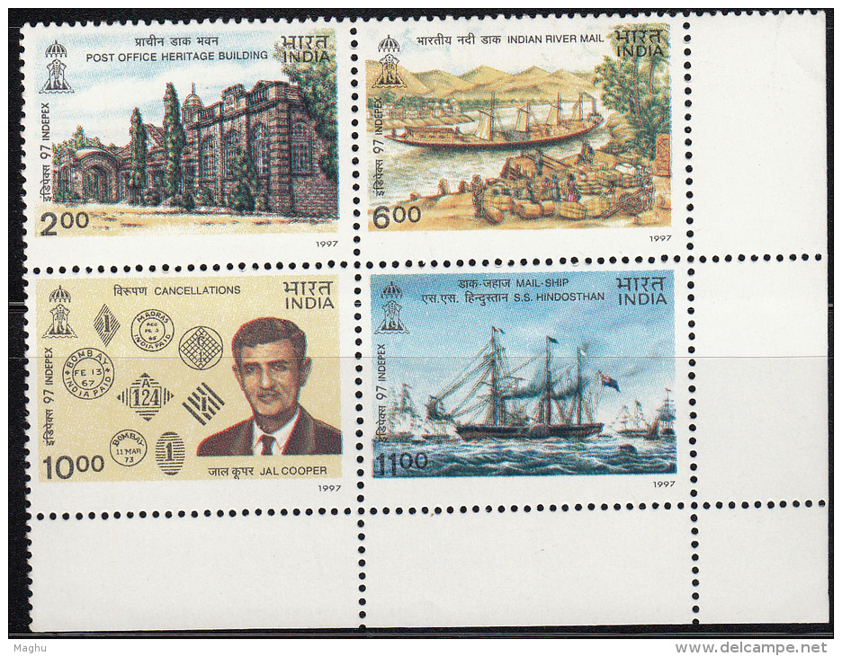 India MNH 1997, Se-tenent Block Of 4,  INDEPEX 97, Post Office Theme, Boat, Heritage Monument, Jal Cooper,Ship, Etc., - Neufs