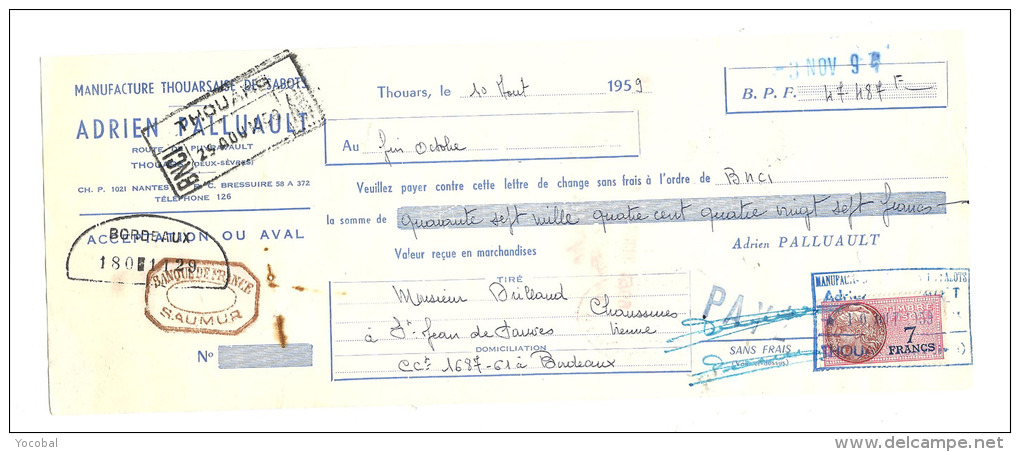 Lettre De Change, Manufacture Thouarsaise De Sabots - Adrien Palluault - Thouars (79)  - 1959 - Lettres De Change