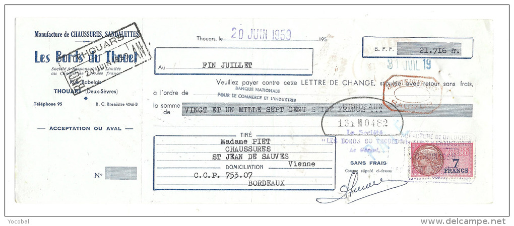 Lettre De Change, Les Bords Du Thouet - Manufacture De Chaussures, Sandalettes - Thouars (79) - 1959 - Lettres De Change