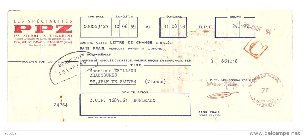 Lettre De Change,Les Spécialités PPZ - EtsPierre P. Zecchini - Bagnolet (93) - 1960 - Lettres De Change