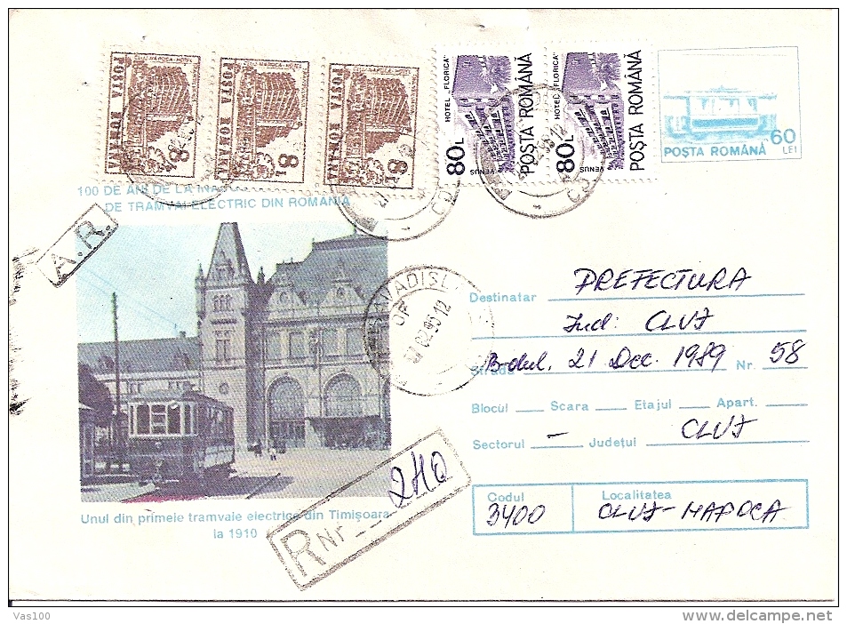 TRAMS, TRAMWAYS, TIMISOARA, REGISTERED COVER  STATIONERY, ENTIERE POSTAUX, 1995, ROMANIA - Tram