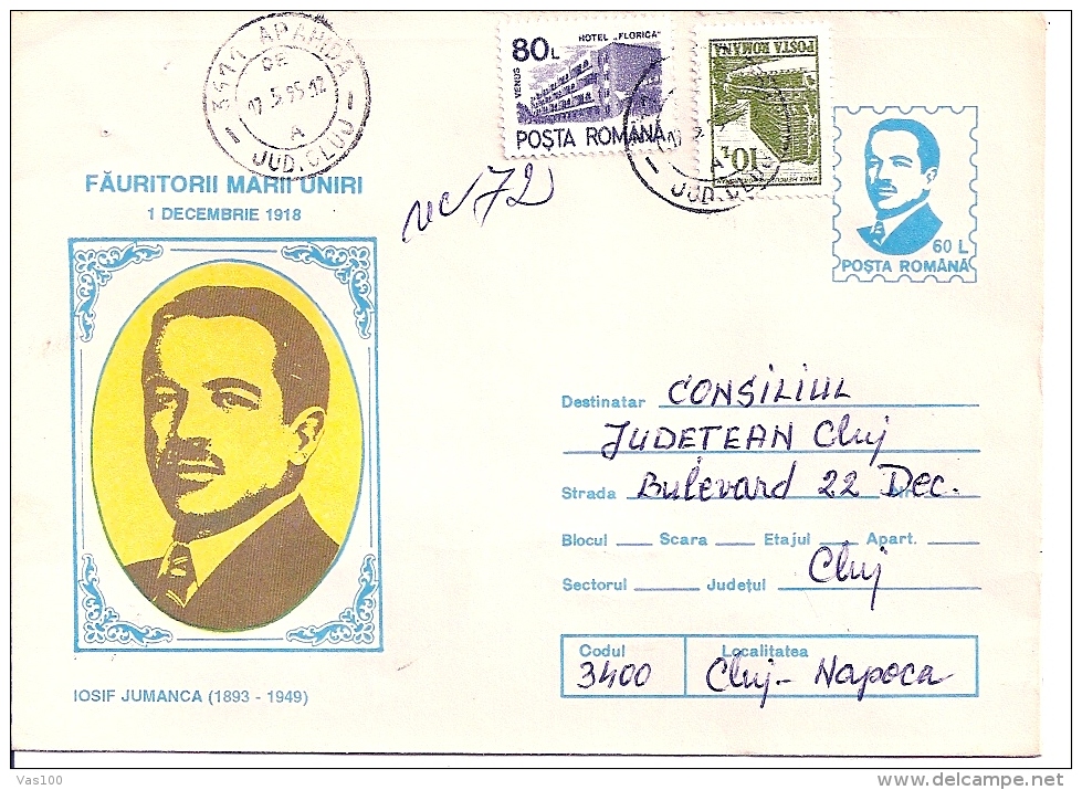 IOSIF JUMANCA, WRITER, REGISTERED COVER  STATIONERY, ENTIERE POSTAUX, 1995, ROMANIA - Altri & Non Classificati