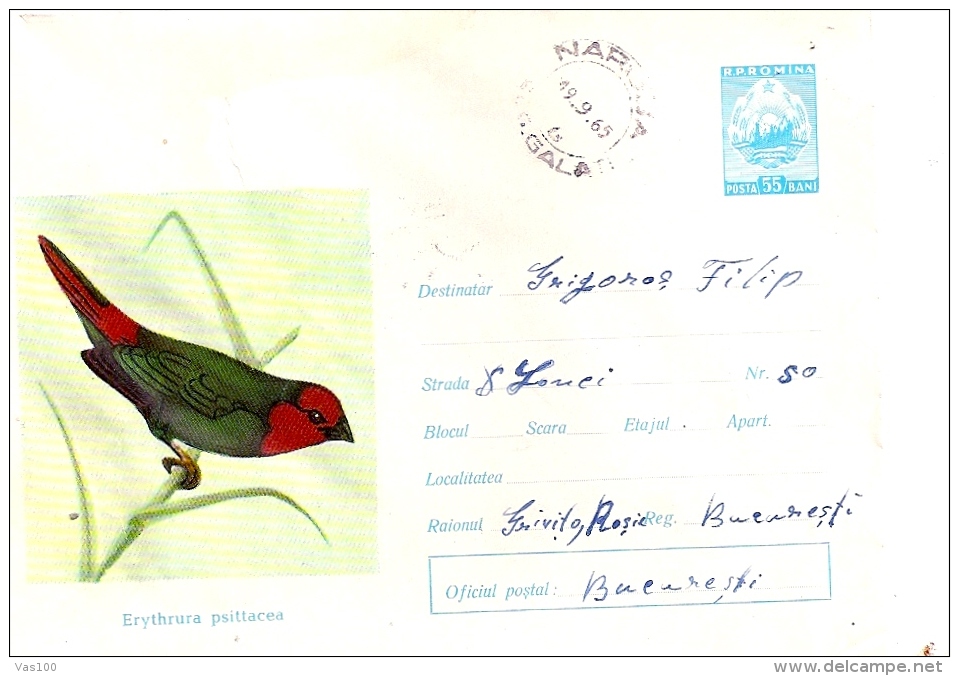 BIRD, OISEAUX, SPPAROW, REGISTERED EXPRESS COVER STATIONERY, ENTIERE POSTAUX, 1965, ROMANIA - Moineaux