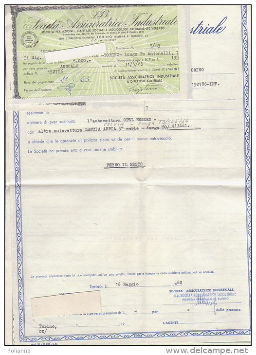 PO9206B# SOCIETA' ASSICURATRICE INDUSTRIALE - POLIZZA ASSICURAZIONE LANCIA FULVIA - SOSTITUZIONE AUTO OPEL REKORD 1962 - Banco & Caja De Ahorros