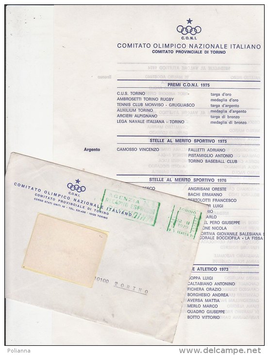 PO9213B# LETTERA + BUSTA COMITATO OLIMPICO NAZ.ITALIANO - MEDAGLIERE MERITI SPORTIVI 1973/76 - OLIMPIADI - Altri & Non Classificati