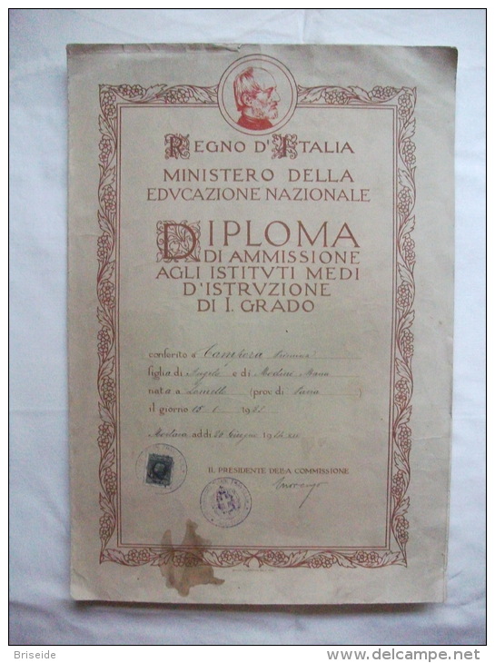 *PREZZO SCONTATO* PAGELLA  DIPLOMA DI AMMISSIONE REGNO D'ITALIA MINISTERO DELLA EDUCAZIONE NAZIONALE MORTARA PAVIA 1934 - Diplomi E Pagelle