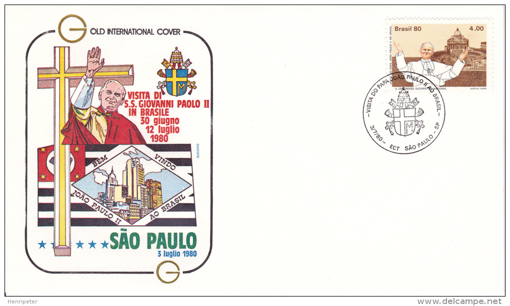 1427 (Yvert) Sur FDC Illustrée Commémorant Le Voyage Du Pape Jean-Paul II à São Paulo (São Paulo) Au Brésil - 1980 - FDC