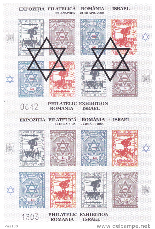 ROMANIA 2000 ISRAEL JUDAICA  CINDERELLAS 4 BLOCK ** MNH OVERPRINT,PERFORATED+IMPE RFORATED. - Essais, épreuves & Réimpressions