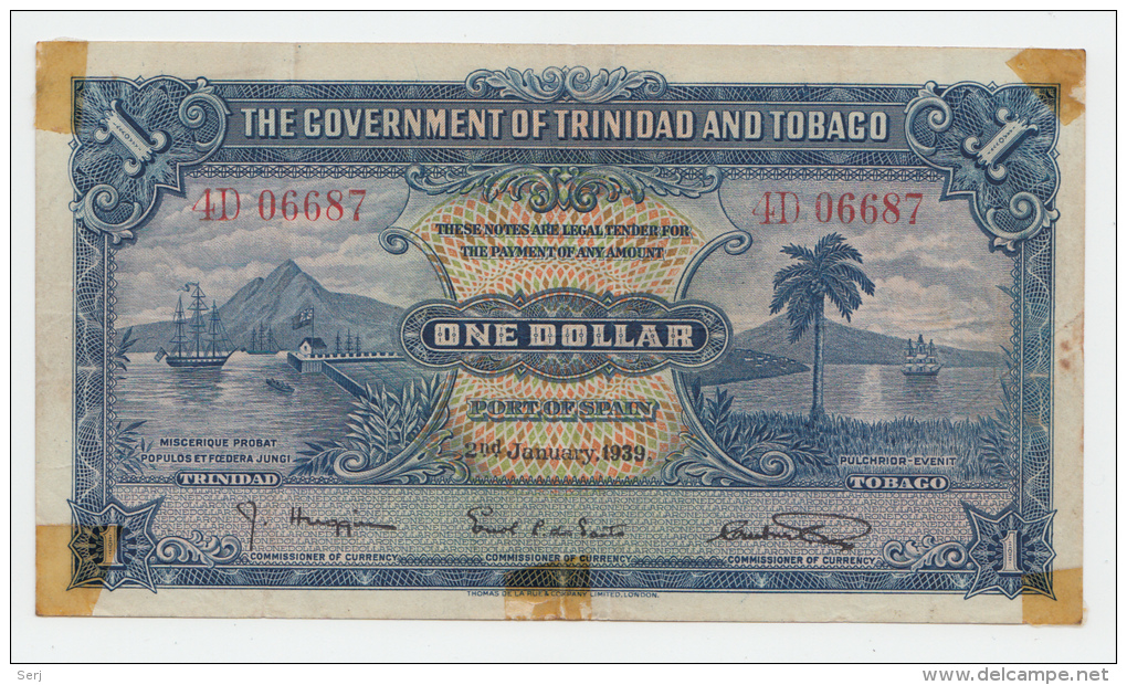 TRINIDAD &amp; TOBAGO 1 Dollar 1939 VF (w/ Tape) P 5b 5 B - Trinidad & Tobago