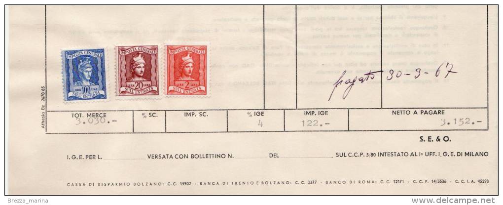 ITALIA - USATO - 1967 - Fiscale -  Imposta Generale Sull´entrata - 3 Val. - Revenue Stamps