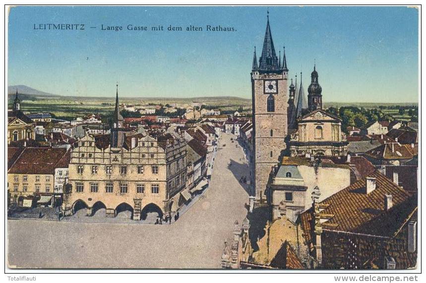 Leitmeritz Lange Gasse Mit Dem Alten Rathaus Litomerice Color 1.7.1917 Gelaufen - Boehmen Und Maehren