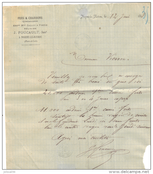 LAC Sage Cachet  NOGENT LE ROTROU Eure Et Loir 12/6/1888 Facture FOUCAULT Fers Charbons Ambulant PARIS à BREST D - 1877-1920: Période Semi Moderne