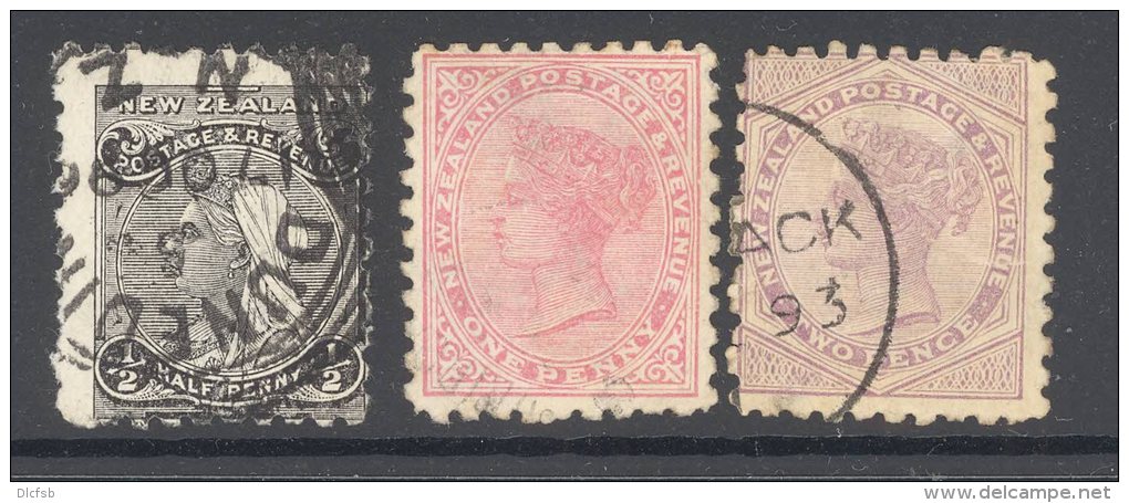 NEW ZEALAND, 1891 &frac12;d, 1d, 2d (all P10) VFU - Usados