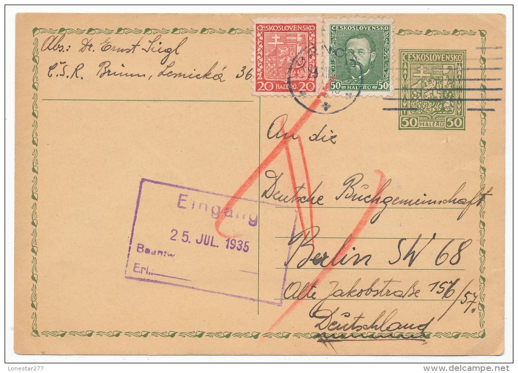 CZECHOSLOVAKIA &#268;ESKOSLOVENSKO POSTAL STATIONERY POSTAL CARD # P 33 UPRATED VARIETY (1935) - Cartes Postales