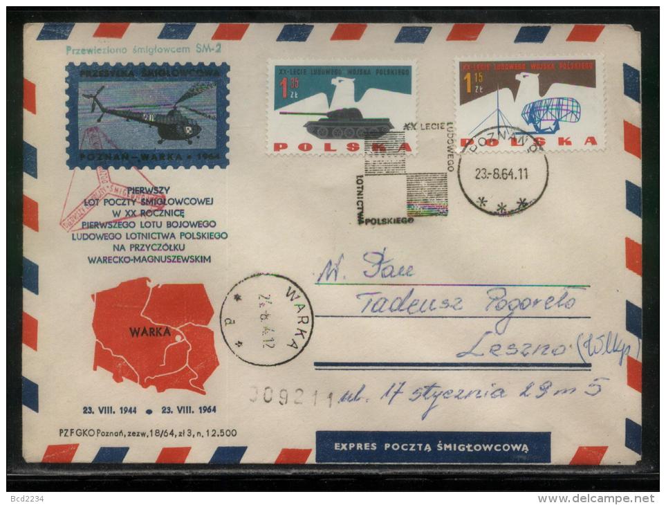 POLAND 1964 HELICOPTER FLIGHT COVER 20TH ANNIV 1ST MILITARY FLIGHT COVER TYPE 1 WARKA RECEIVER (d) - Aviones