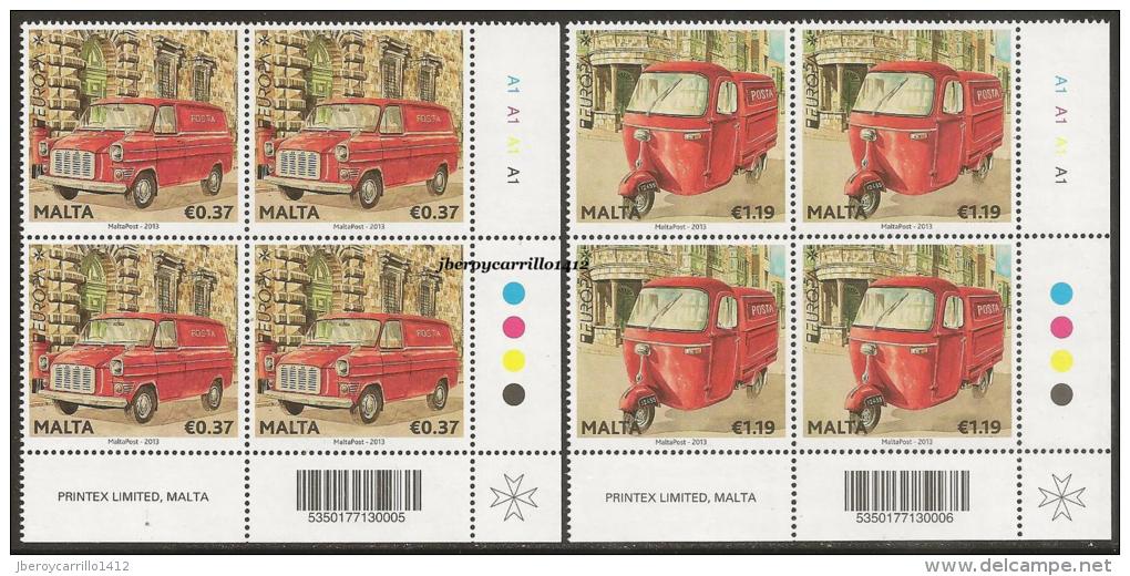 MALTA - EUROPA 2013 -TEMA ANUAL " VEHICULOS POSTALES ".-  SERIE De 2 V. En DOS BLOCS De 4  Con CODIGO BARRAS - Ologrammi