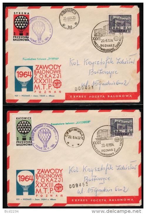 POLAND 1964 (20 JUNE) BALLOON CHAMPIONSHIPS FOR 33RD POZNAN INTERNATIONAL TRADE FAIR SET OF 4 BALLOONS FLIGHT COVERS - Globos