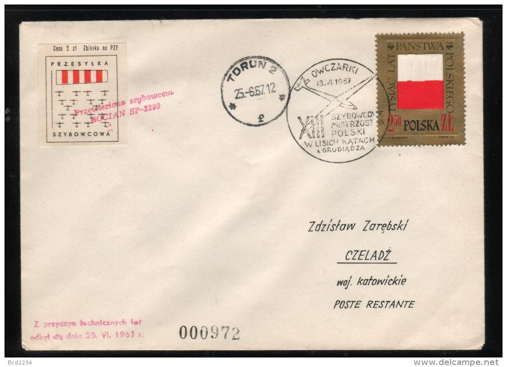 POLAND 1964 13TH NATIONAL GLIDING CHAMPIONSHIPS GLIDER FLOWN COVER OWCZARKI TORUN CINDERELLA LABEL - Gleitflieger