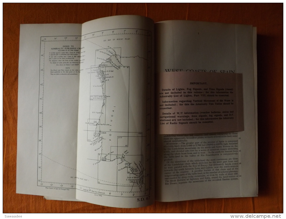 LIVRE - MARINE - NAVIGATION - WEST COASTS OF SPAIN AND PORTUGAL PILOT - 3° EDITION - 1946 - CARTE - VUES - PHARES - Europe