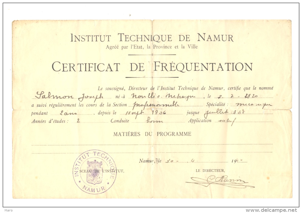 Institut Technique De Namur - Certificat De Fréquentation Daté Du 30 Avril 1940 (sf73) - Diplomi E Pagelle